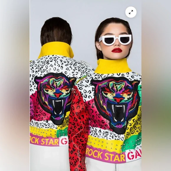 AZALEA WANG Studded Moto Jacket, Wonka Colors Rock Star Game Moto Jacket Sz: XL - Picture 5 of 16